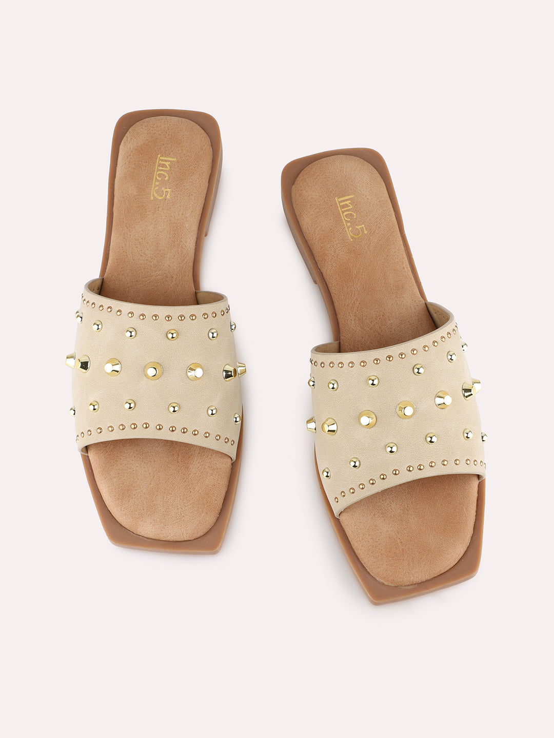 Womens Beige Ethnic Embellished Open Toe Flat Slip-On Sandals