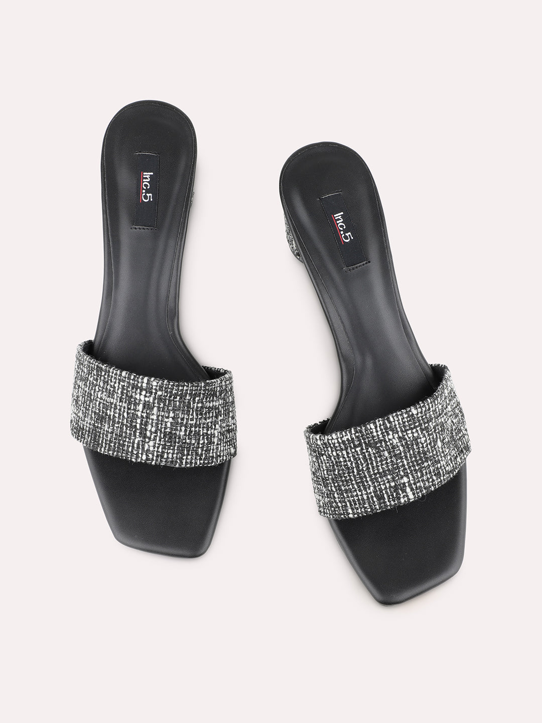 Womens Black Party Wear Printed Toe Square Toe Block Heel Sandals