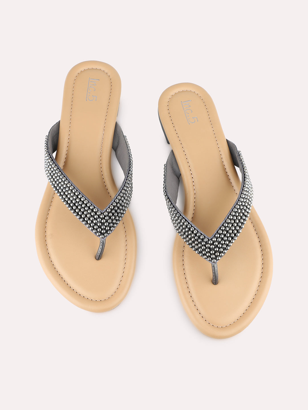 Womens Pewter Ethnic Embellished T-Strap Flat Slip-On Sandals