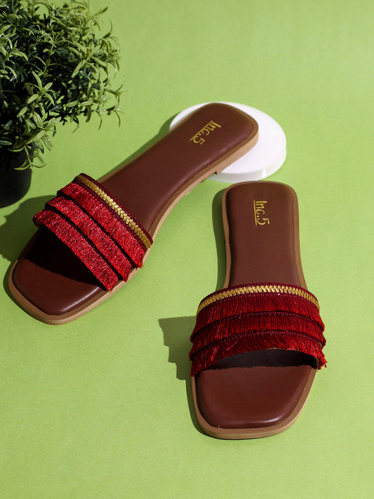 Womens Maroon Casual Embellished Open Toe Flat Slip-Ons
