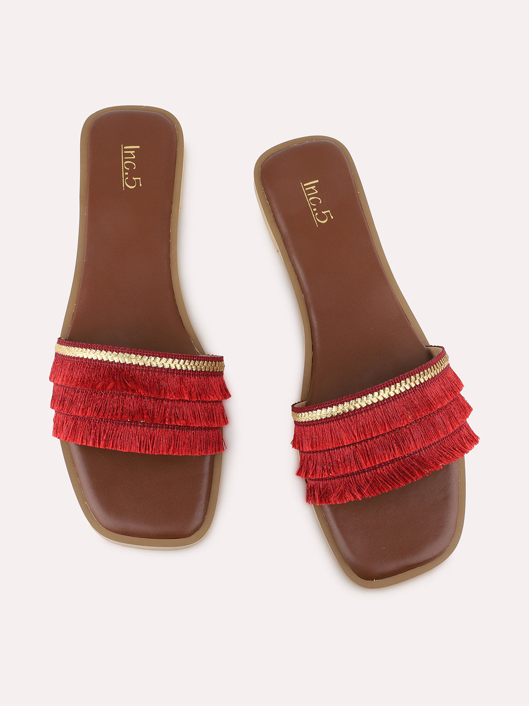 Womens Maroon Casual Embellished Open Toe Flat Slip-Ons