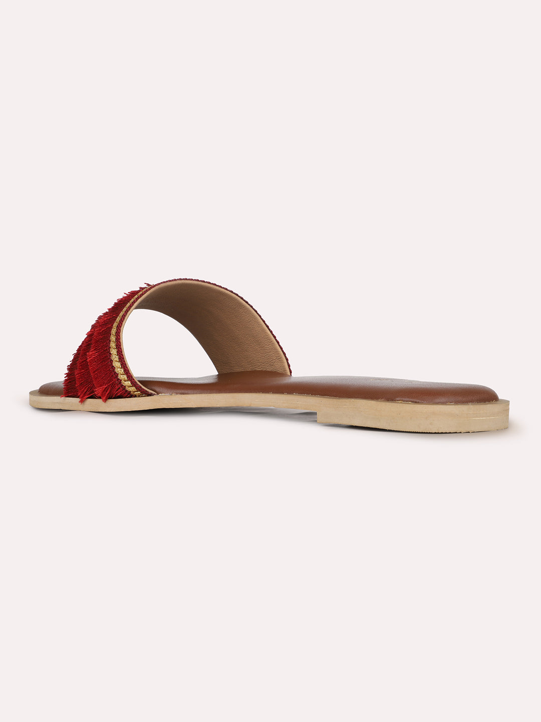 Womens Maroon Casual Embellished Open Toe Flat Slip-Ons