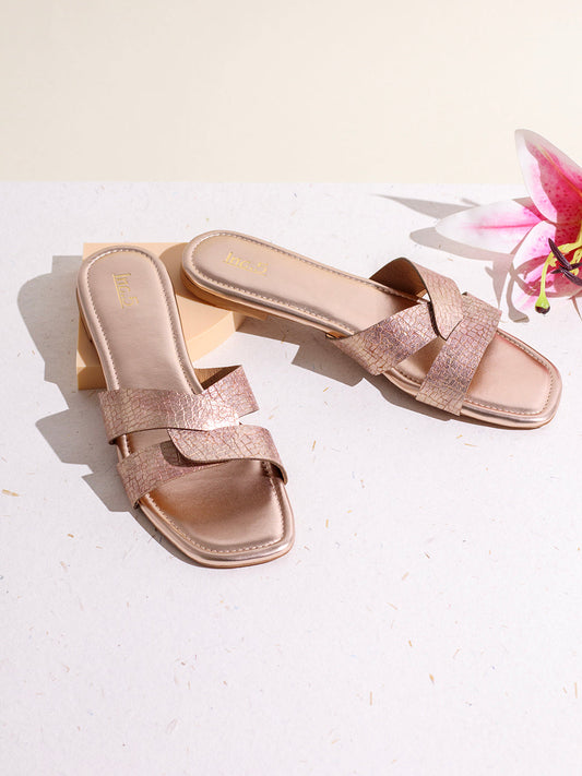 Womens Rose Gold Casual Solid Open Toe Flat Slip-On Sandals