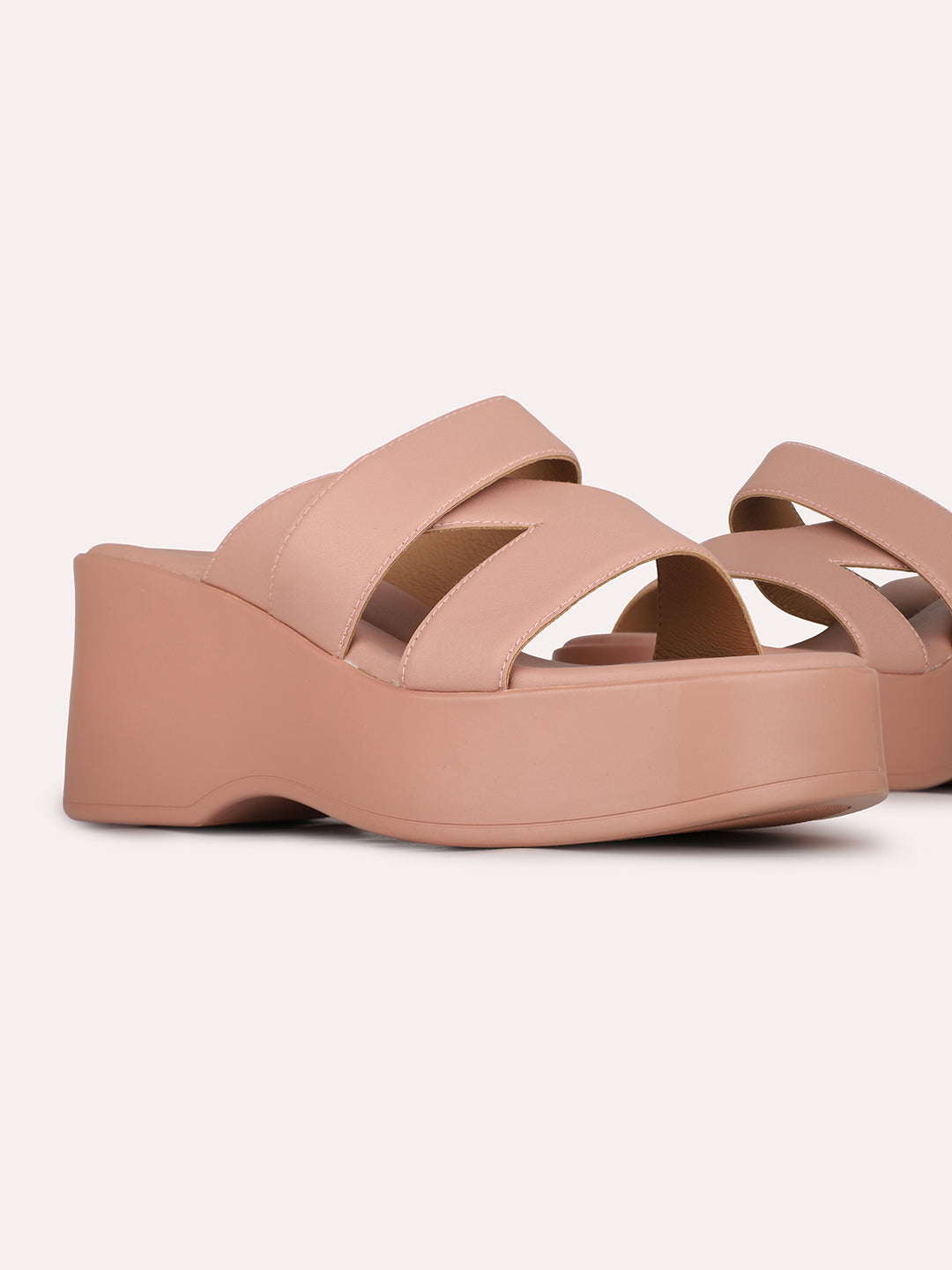 Womens Peach Party Wear Striped Round Toe Block Heel Sandals