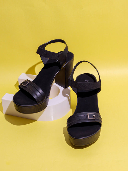 Womens Black Party Wear Solid Pattern Round Toe Platform Heels