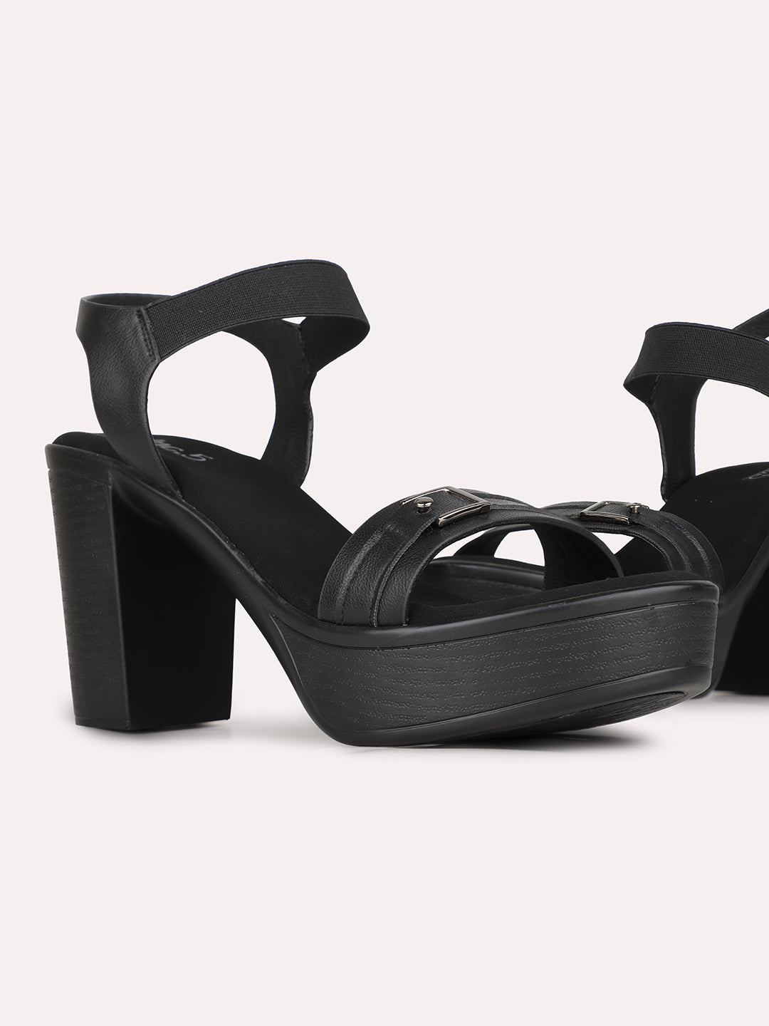 Womens Black Party Wear Solid Round Toe Block Heel Sandals
