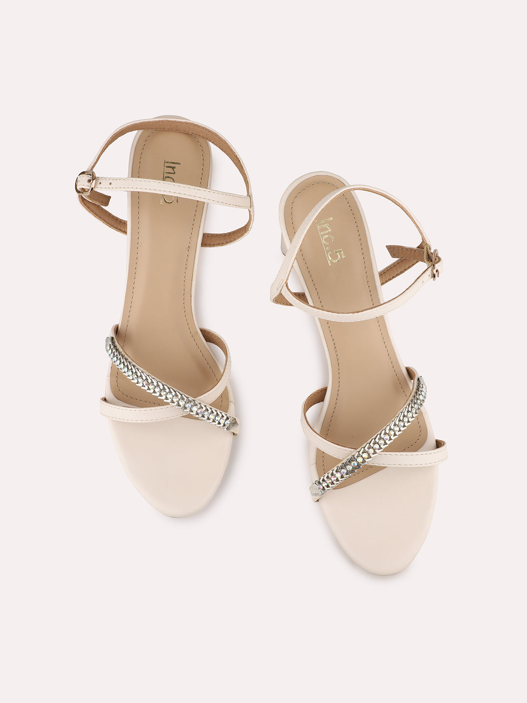 Womens Cream Party Wear Striped Square Toe Block Heel Sandals