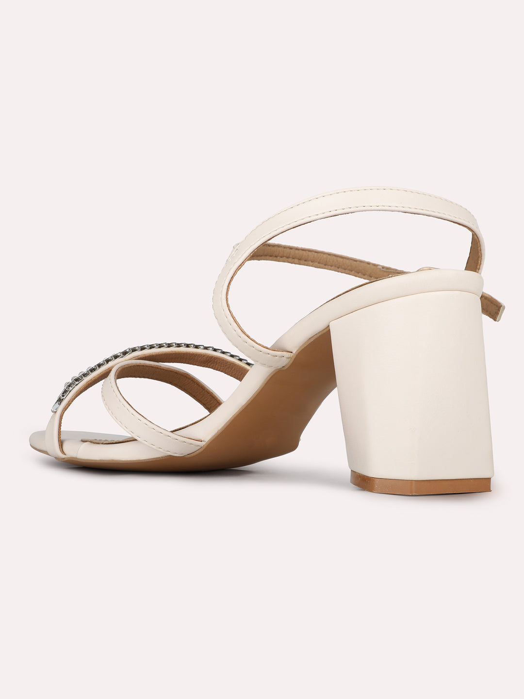 Womens Cream Party Wear Striped Square Toe Block Heel Sandals