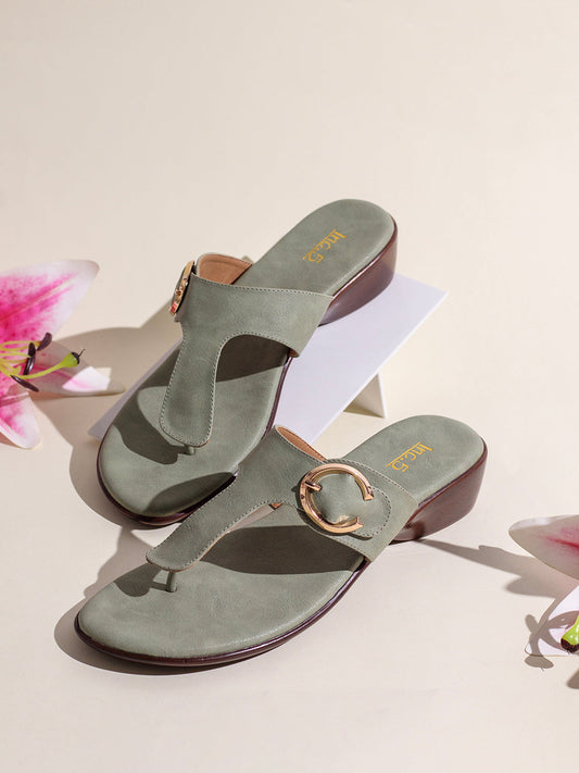 Womens Green Casual Solid Round Toe Block Heel Sandals