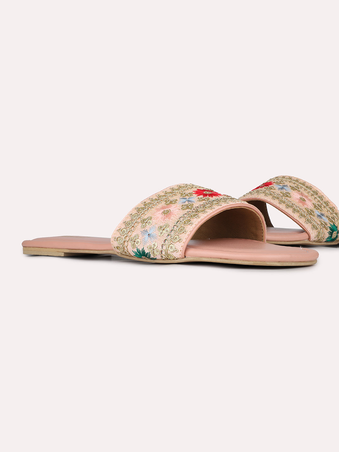 Womens Peach Ethnic Embellished Open Toe Flat Slip-On Sandals