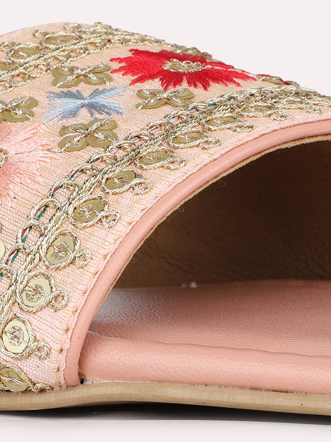 Womens Peach Ethnic Embellished Open Toe Flats