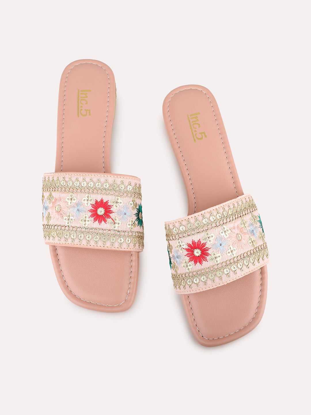 Womens Peach Ethnic Embellished Open Toe Flat Slip-On Sandals