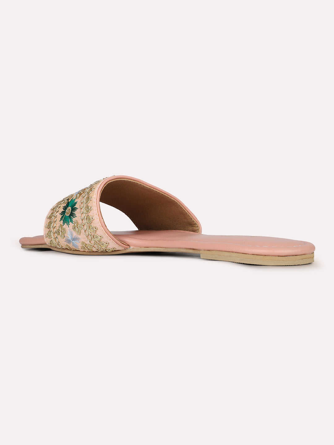 Womens Peach Ethnic Embellished Open Toe Flat Slip-On Sandals