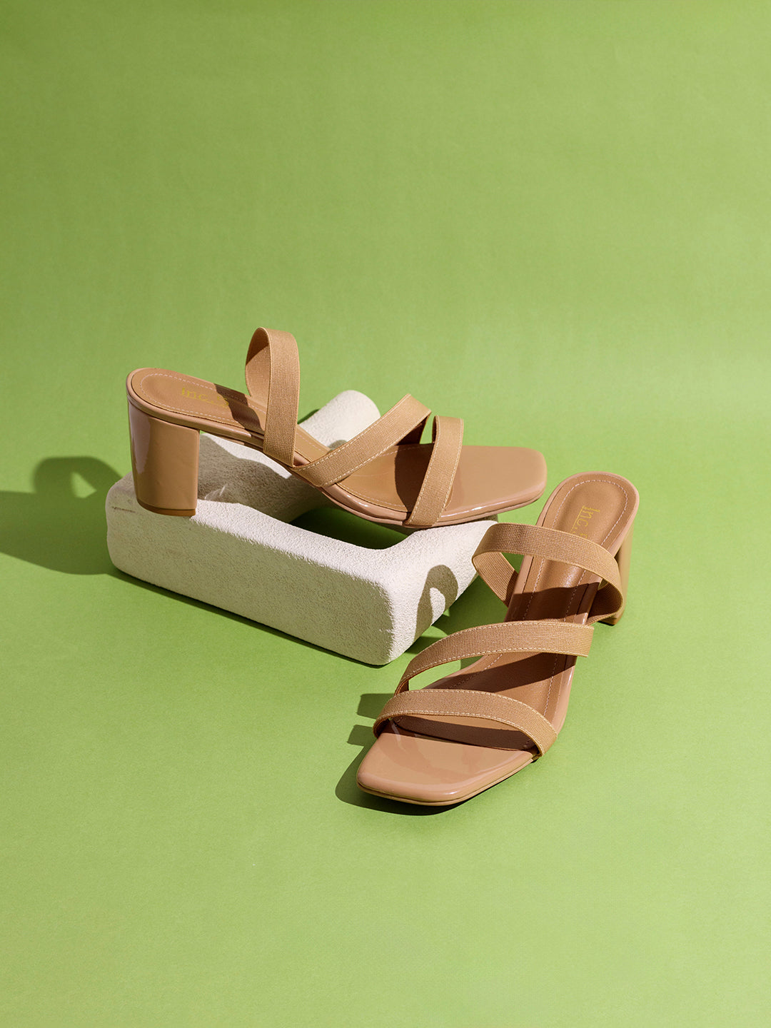 Womens Beige Party Wear Striped Square Toe Block Heel Sandals