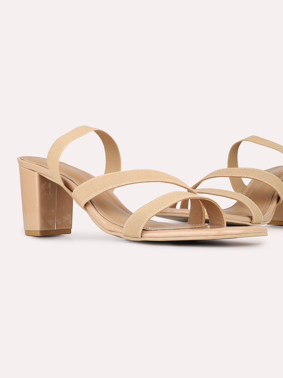 Womens Beige Party Wear Striped Square Toe Block Heel Sandals