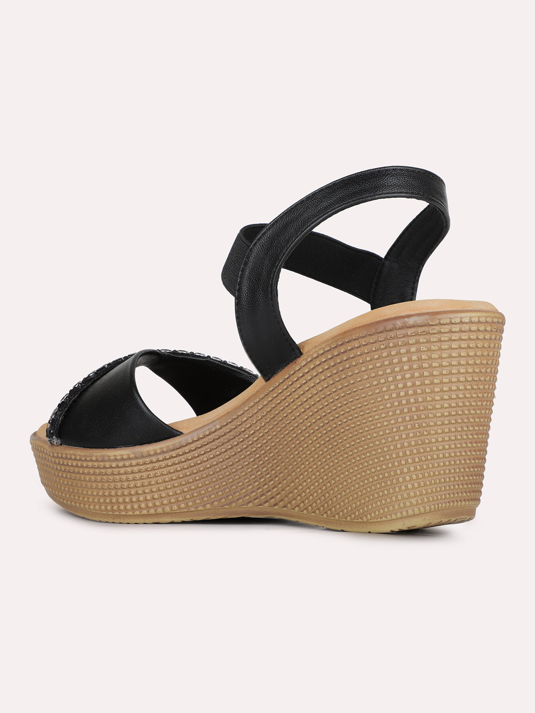 Womens Black Party Wear Solid Round Toe Wedge Heels