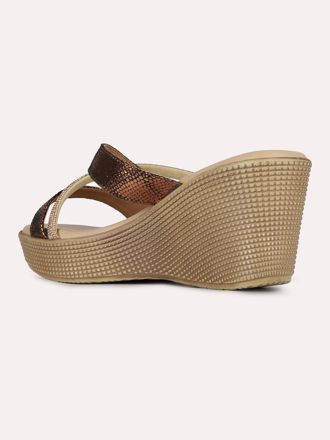 Womens Golden Party Wear Striped Round Toe Wedge Heels