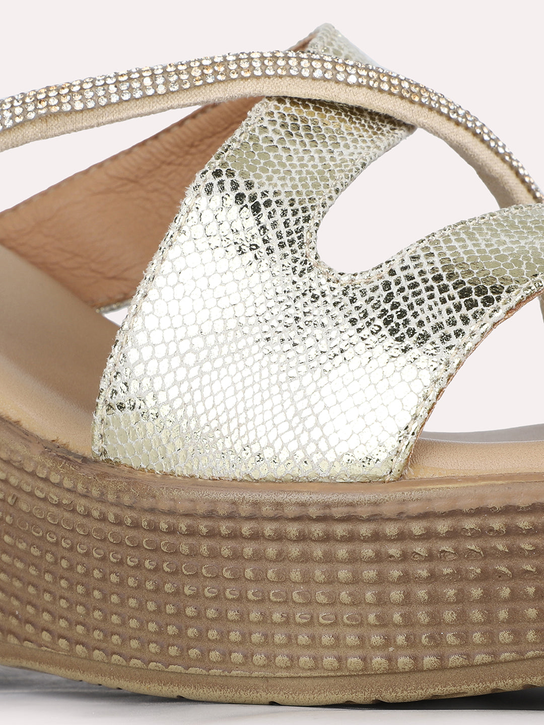 Womens Golden Party Wear Striped Round Toe Wedge Heels