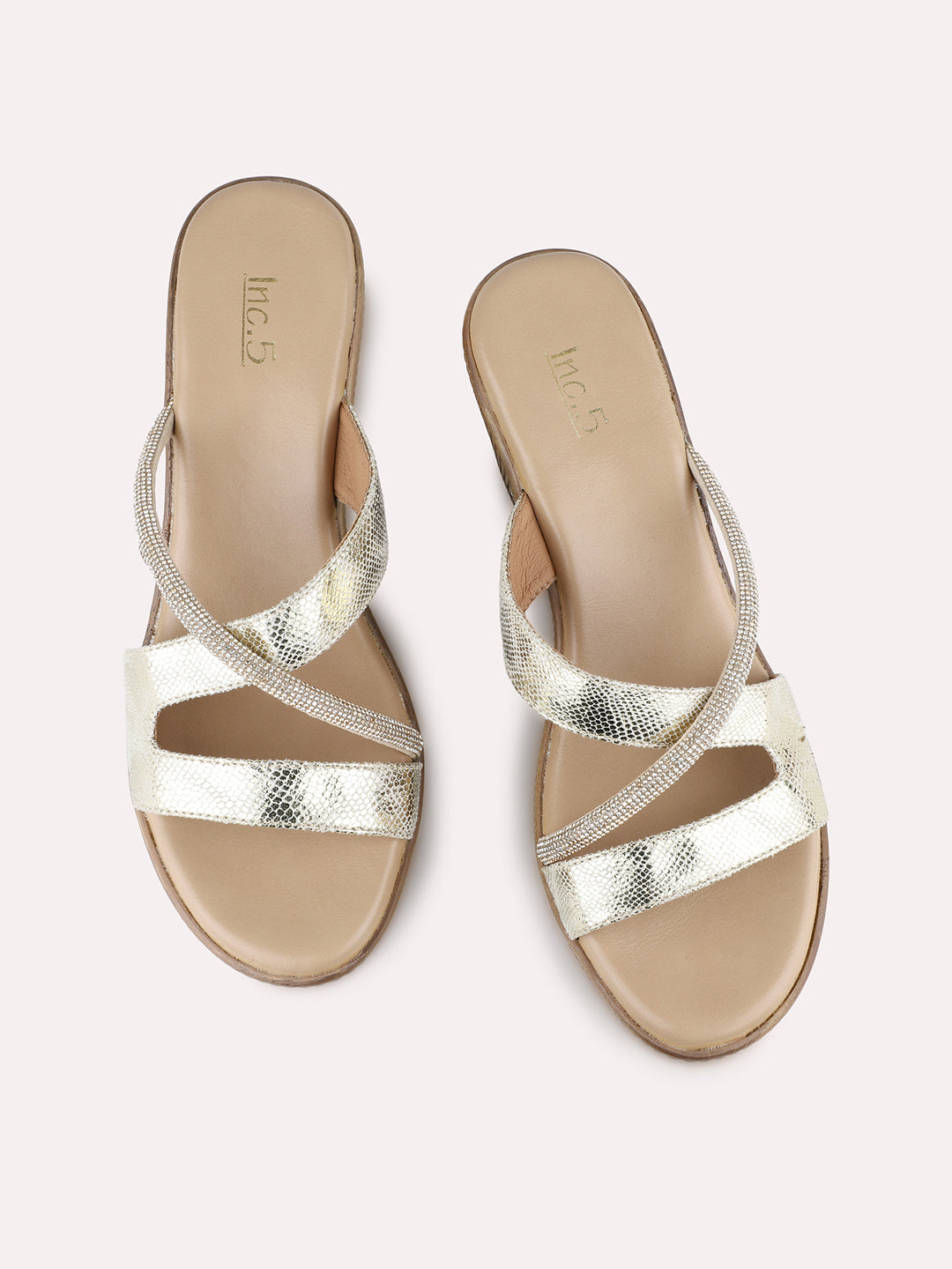 Womens Golden Party Wear Striped Round Toe Wedge Heels