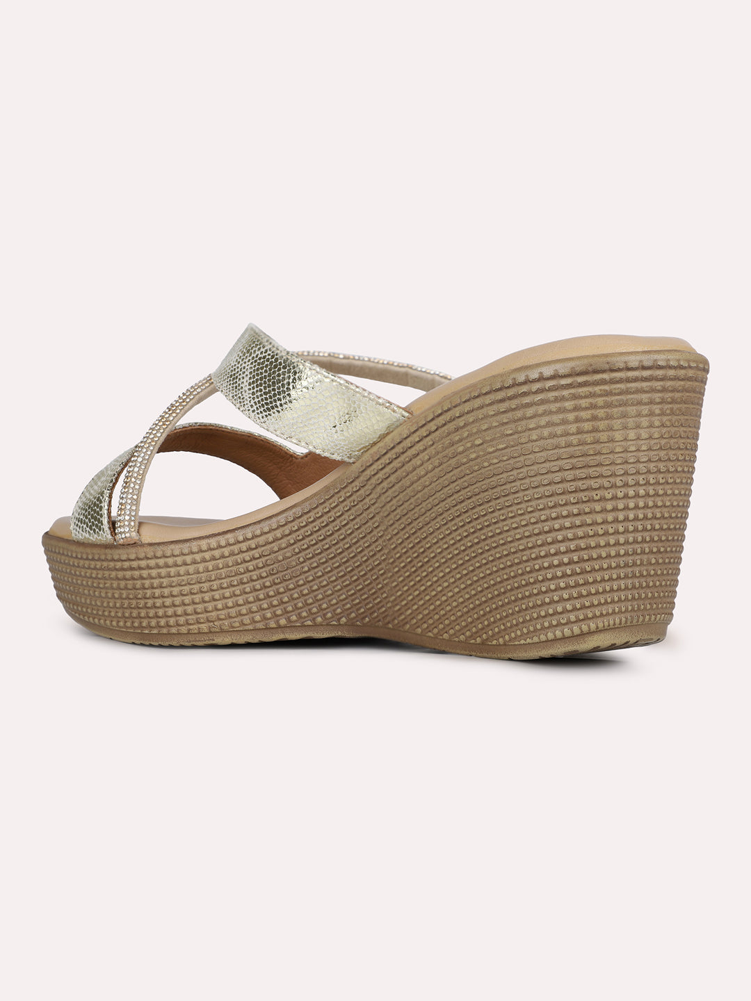 Womens Golden Party Wear Striped Round Toe Wedge Heels