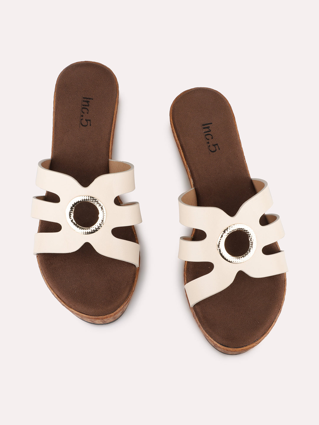 Womens Cream Party Wear Striped Round Toe Wedge Heels
