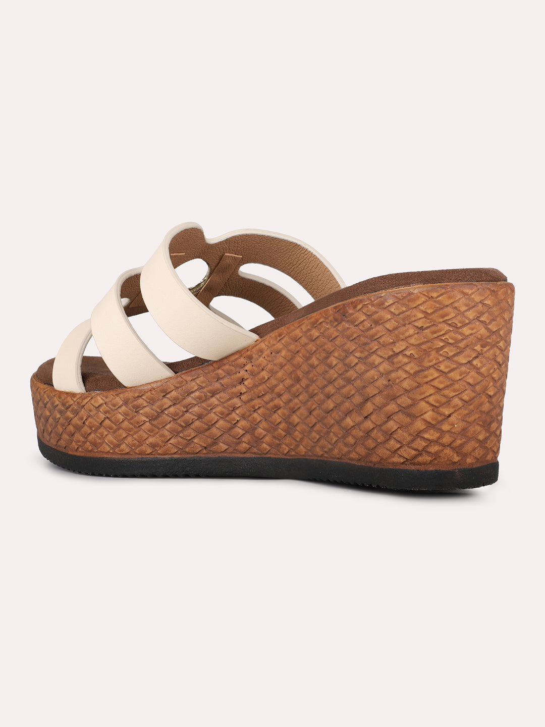 Womens Cream Party Wear Striped Round Toe Wedge Heels