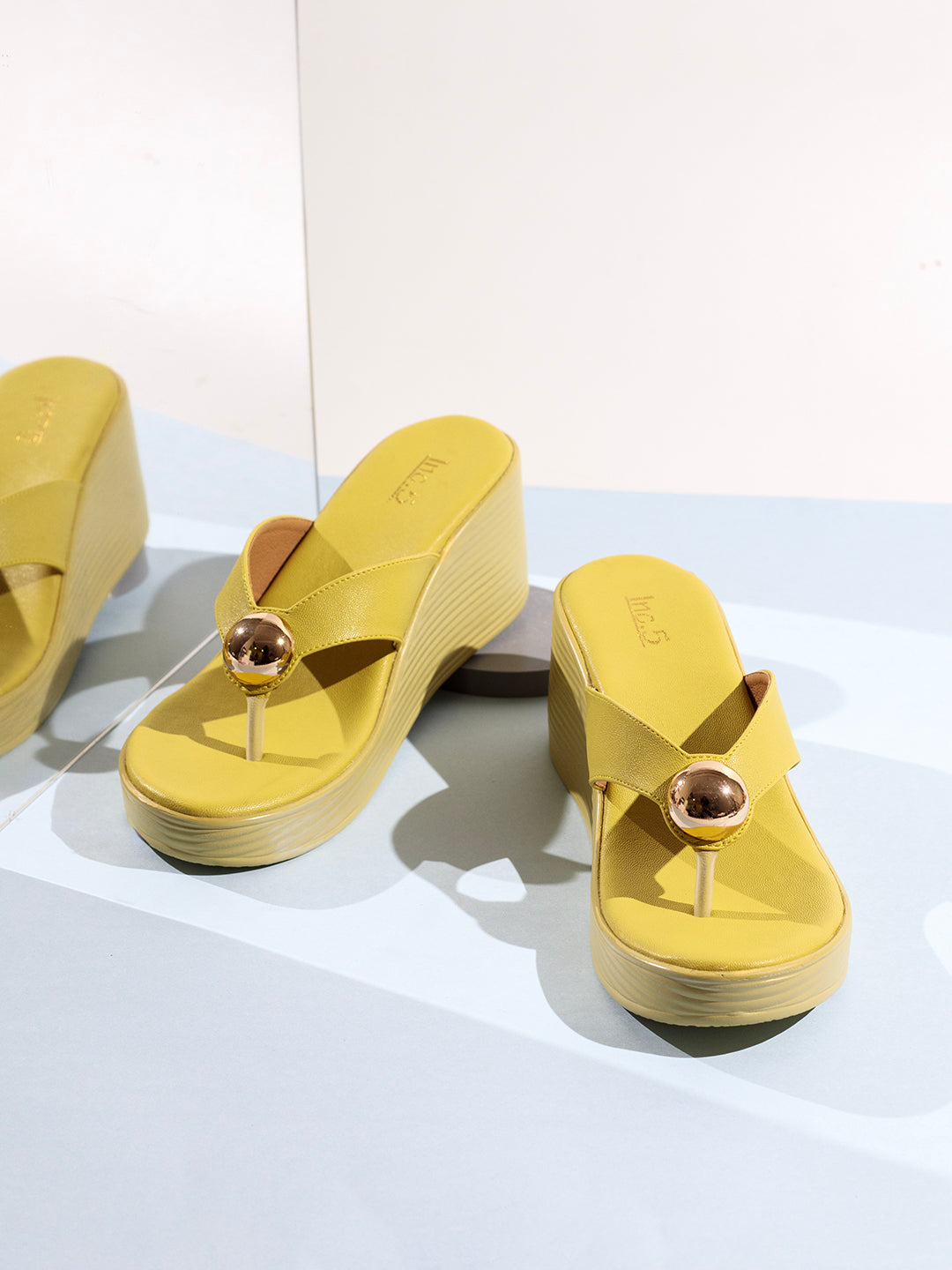 Womens Yellow Party Wear Solid Round Toe Wedge Heel Sandals