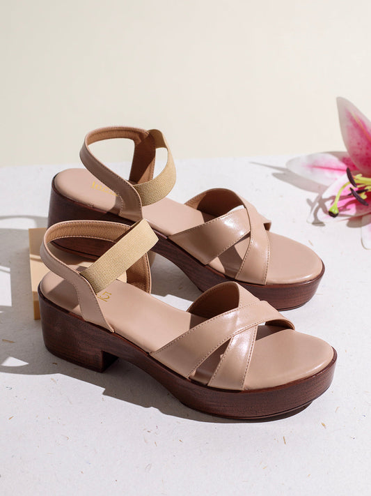 Womens Beige Party Wear Striped Round Toe Block Heel Sandals