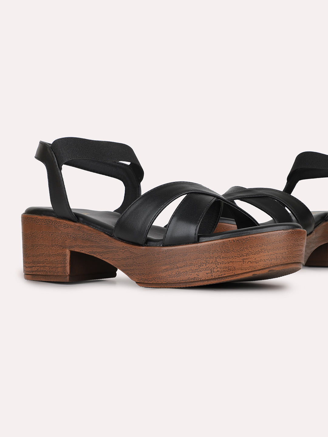 Womens Black Party Wear Striped Round Toe Block Heel Sandals