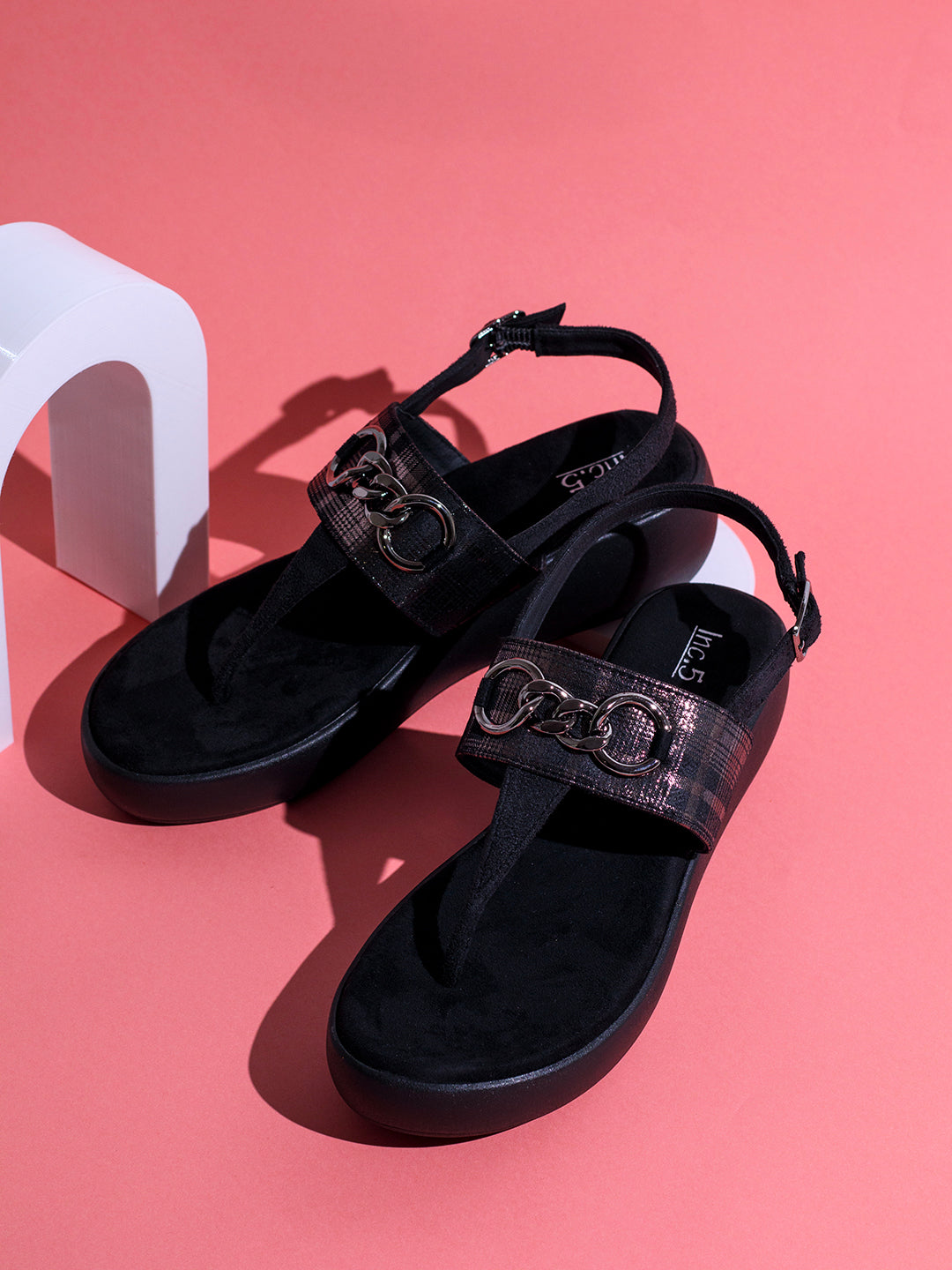 Womens Black Party Wear Embellished Round Toe Wedge Heel Sandals