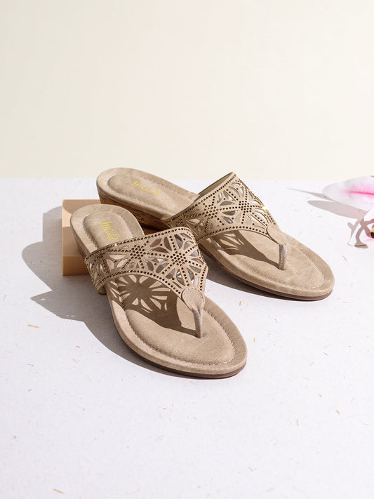 Womens Beige Ethnic Embellished Open Toe Flat Slip-On Sandals