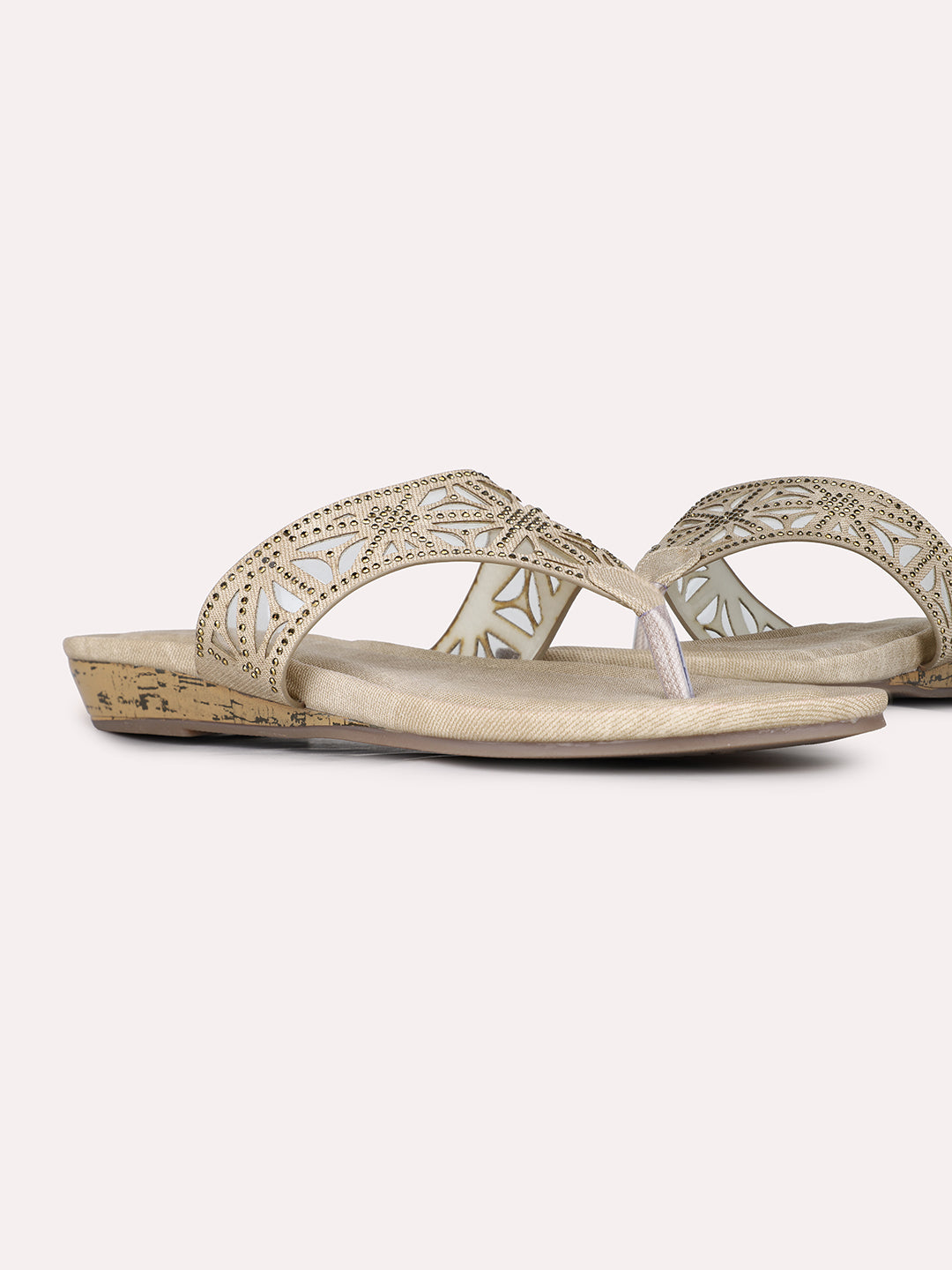 Womens Beige Ethnic Embellished Open Toe Flat Slip-On Sandals