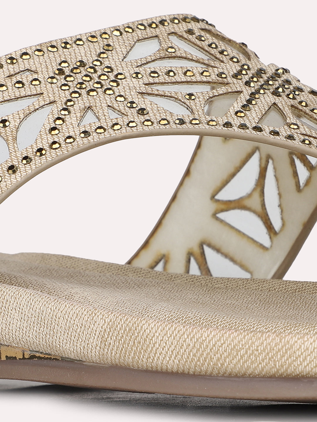 Womens Beige Ethnic Embellished Open Toe Flat Slip-On Sandals