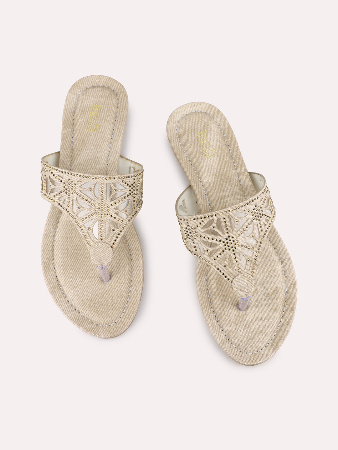 Womens Beige Ethnic Embellished Open Toe Flat Slip-On Sandals