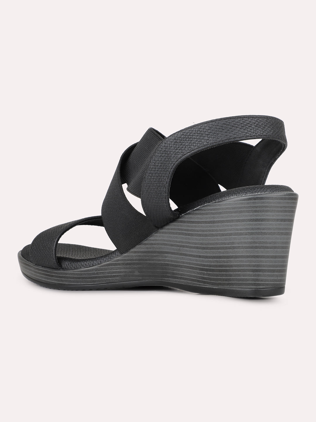 Womens Black Party Wear Striped Round Toe Wedge Heel Sandals