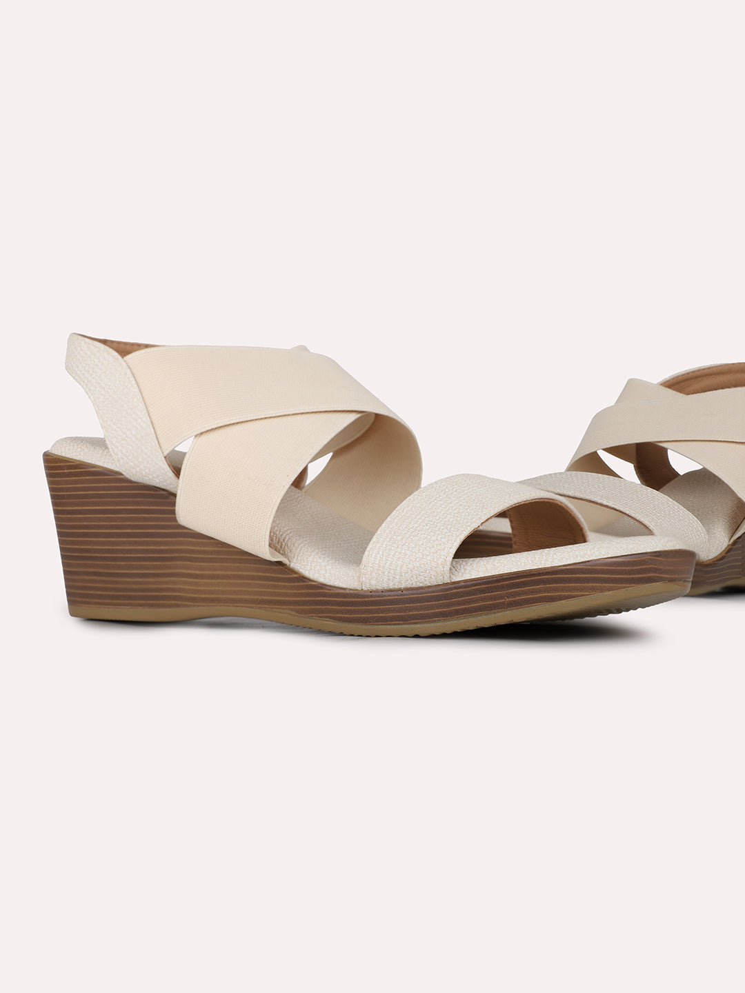 Womens Cream Party Wear Striped Round Toe Wedge Heel Sandals