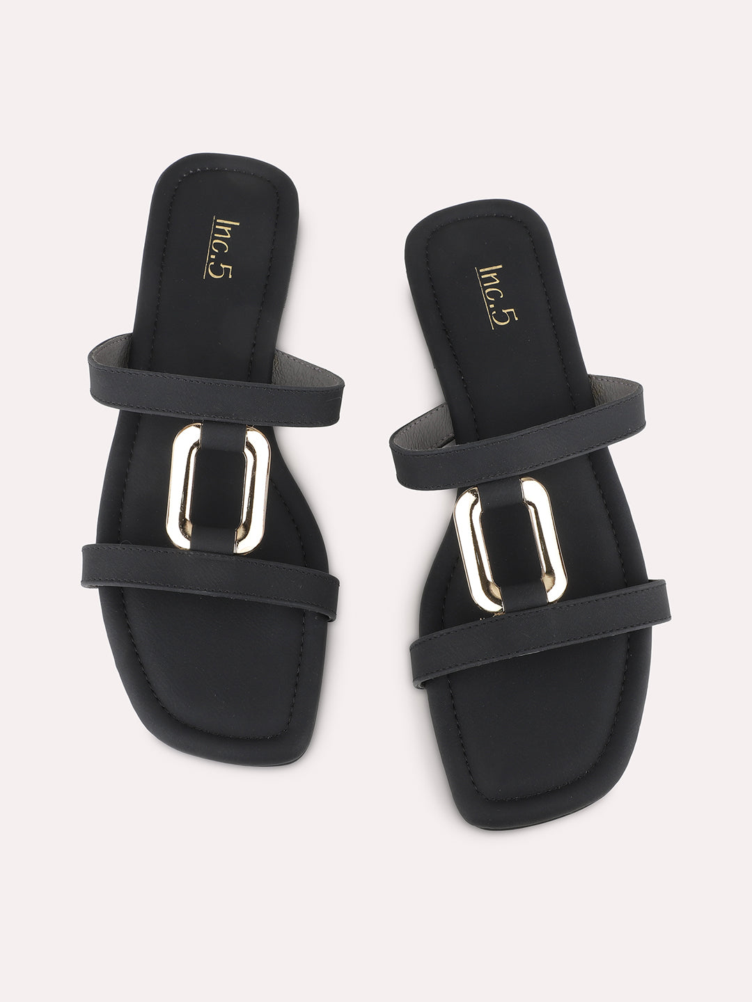 Womens Black Casual Solid Open Toe Flat Slip-On Sandals