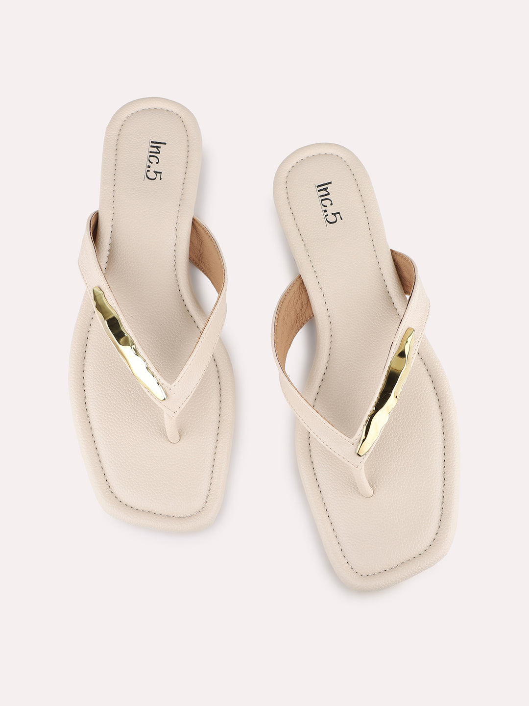 Womens Cream Casual Solid T-Strap Flat Slip-On Sandals