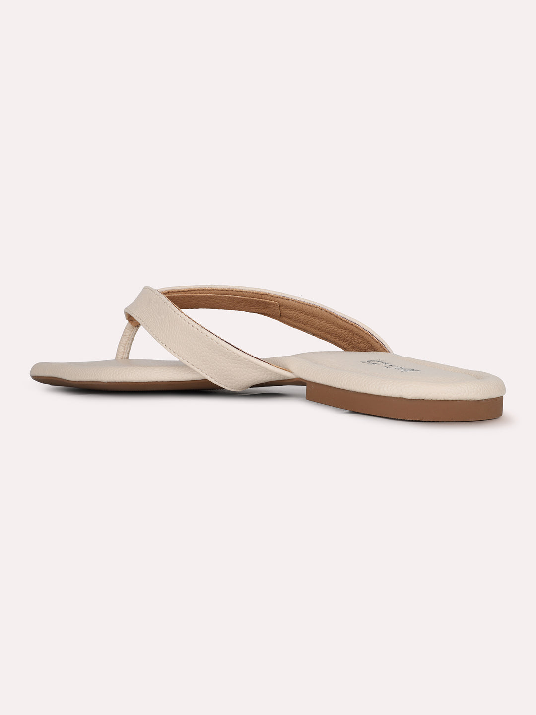 Womens Cream Casual Solid T-Strap Flat Slip-On Sandals