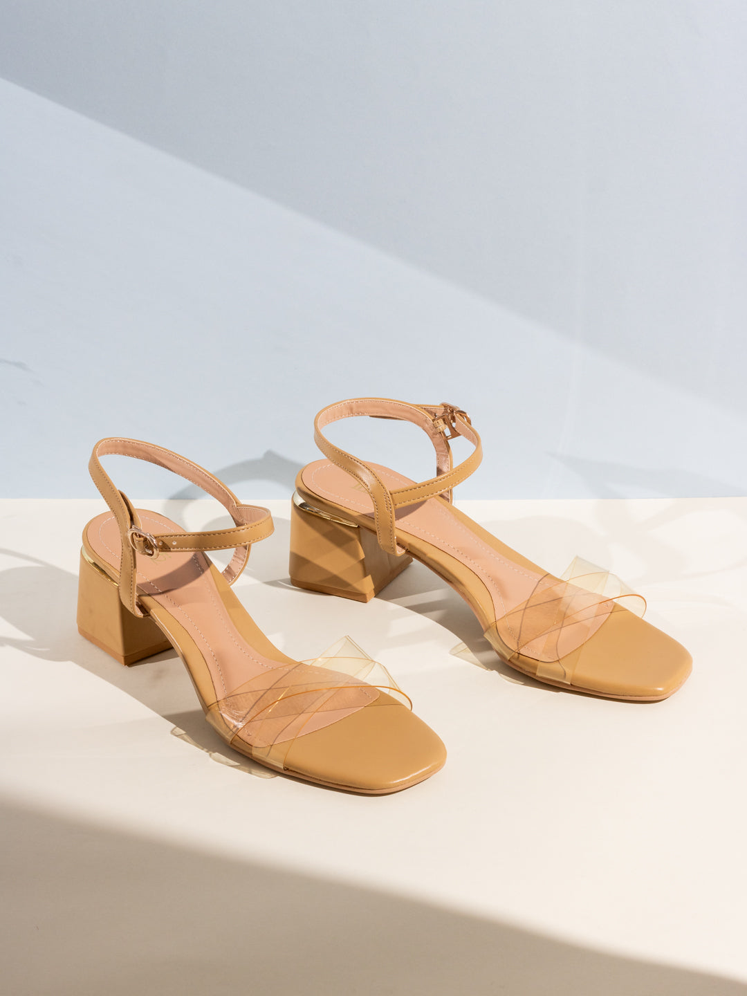 Womens Beige Party Wear Transparent Square Toe Block Heel Sandals