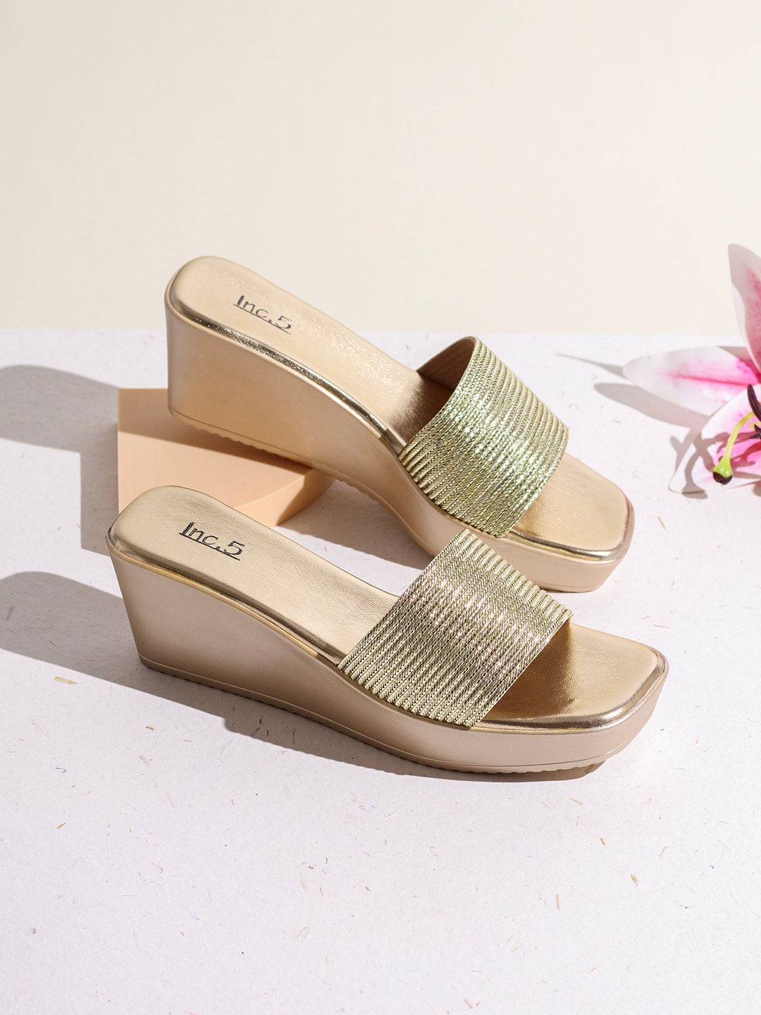 Womens Golden Party Wear Solid Round Toe Wedge Heels