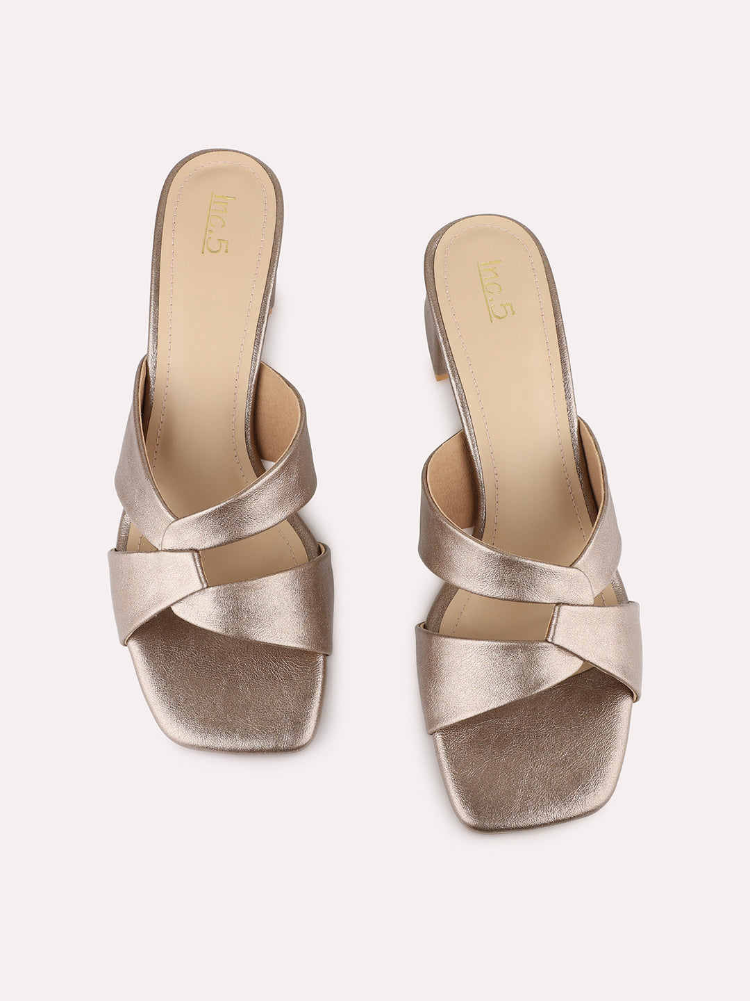 Womens Golden Party Wear Solid Square Toe Block Heel Sandals