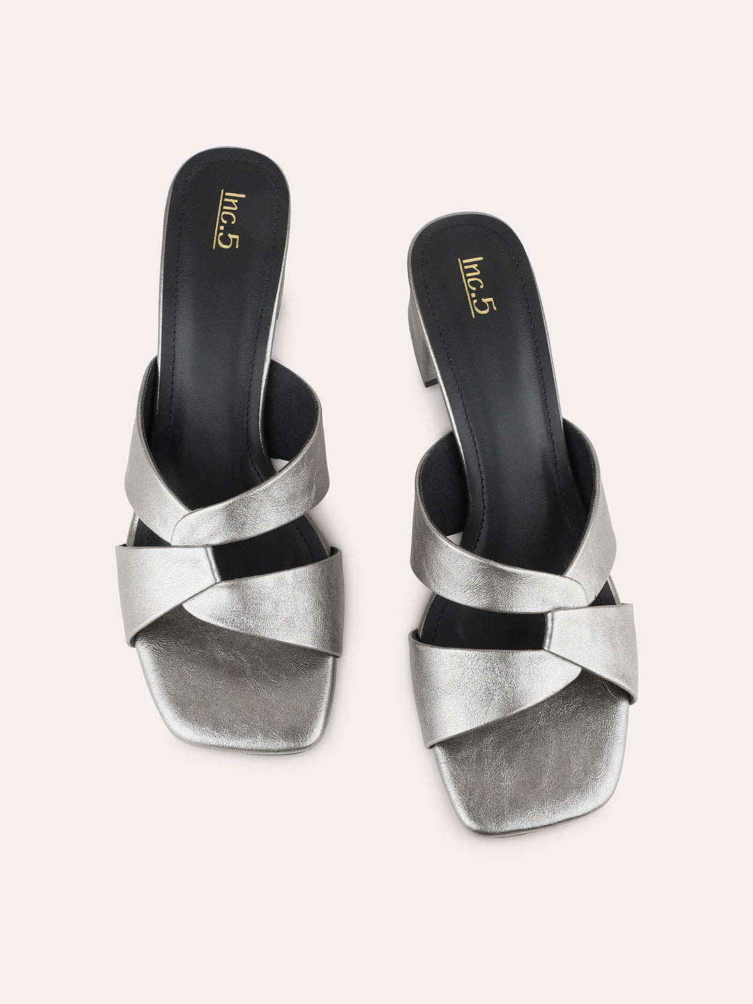 Womens Pewter Party Wear Solid Square Toe Block Heel Sandals