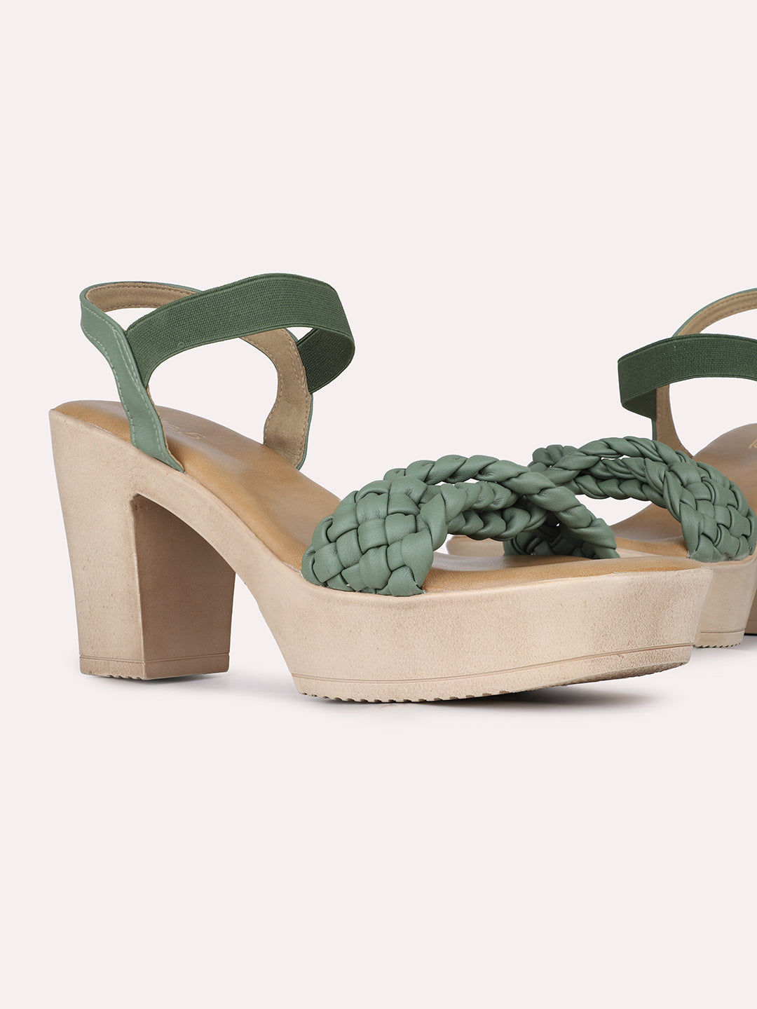 Womens Green Party Wear Solid Round Toe Block Heel Sandals