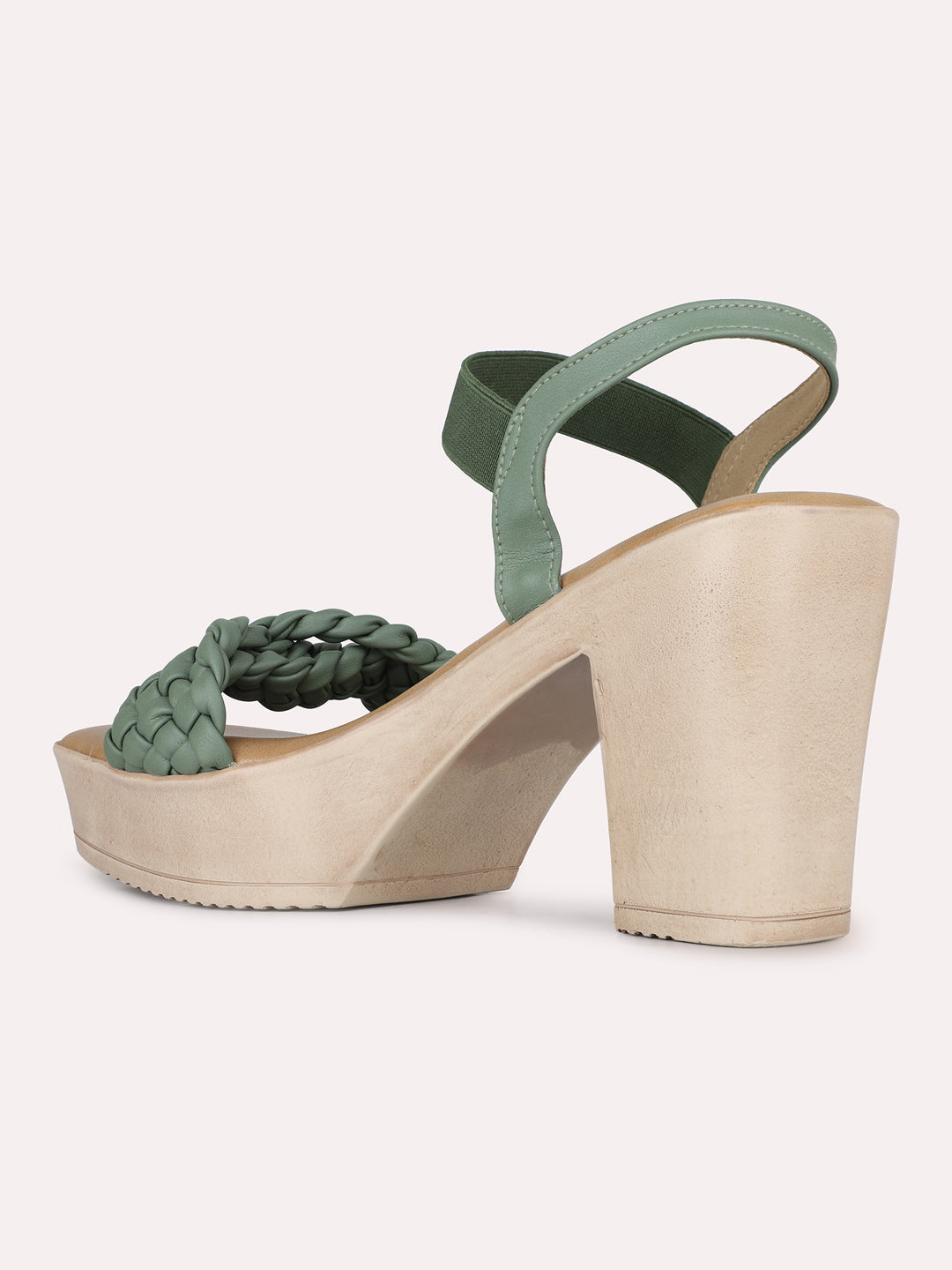 Womens Green Party Wear Solid Round Toe Block Heel Sandals