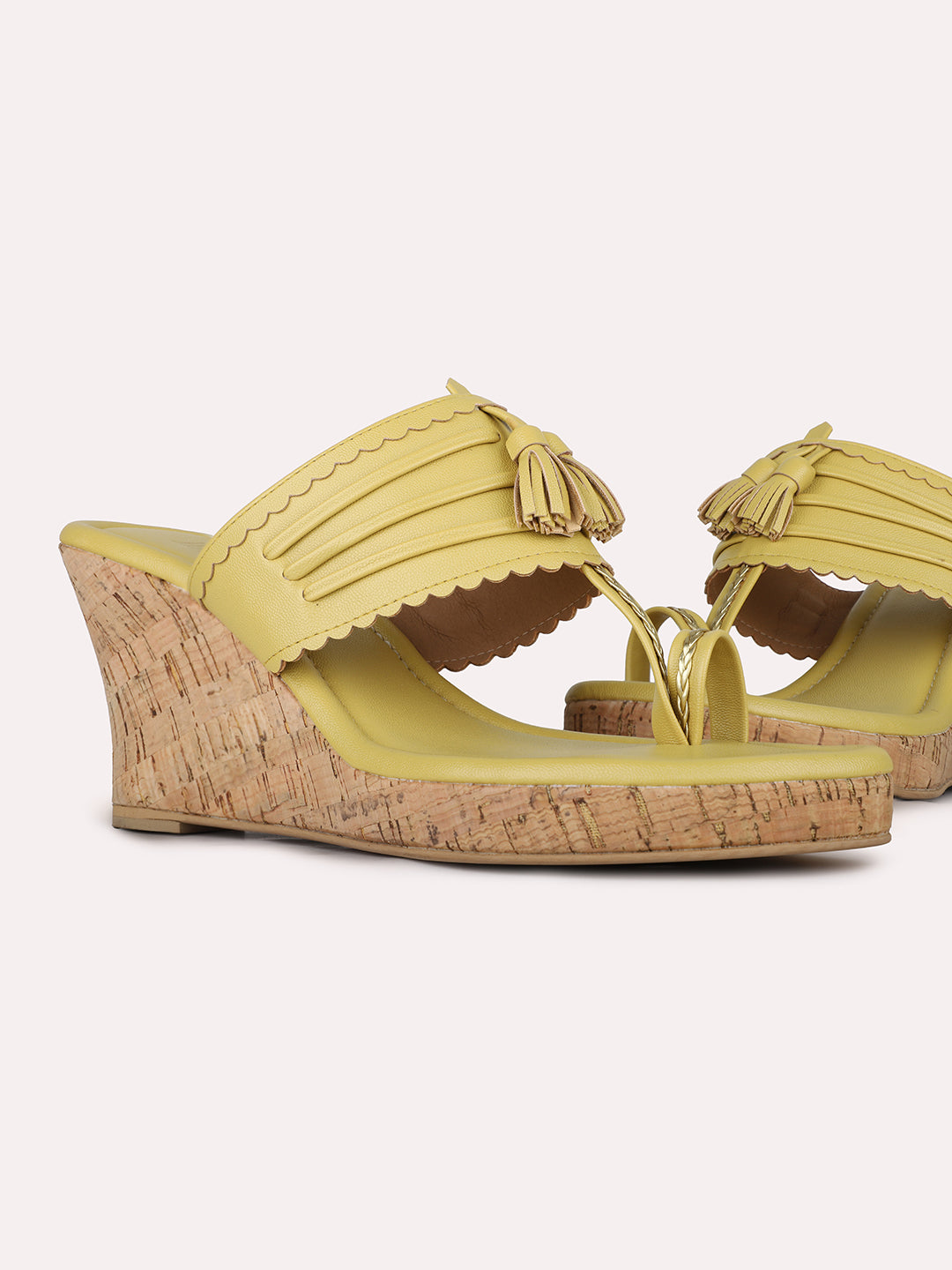 Womens Yellow Party Wear Solid Round Toe Wedge Heel Sandals