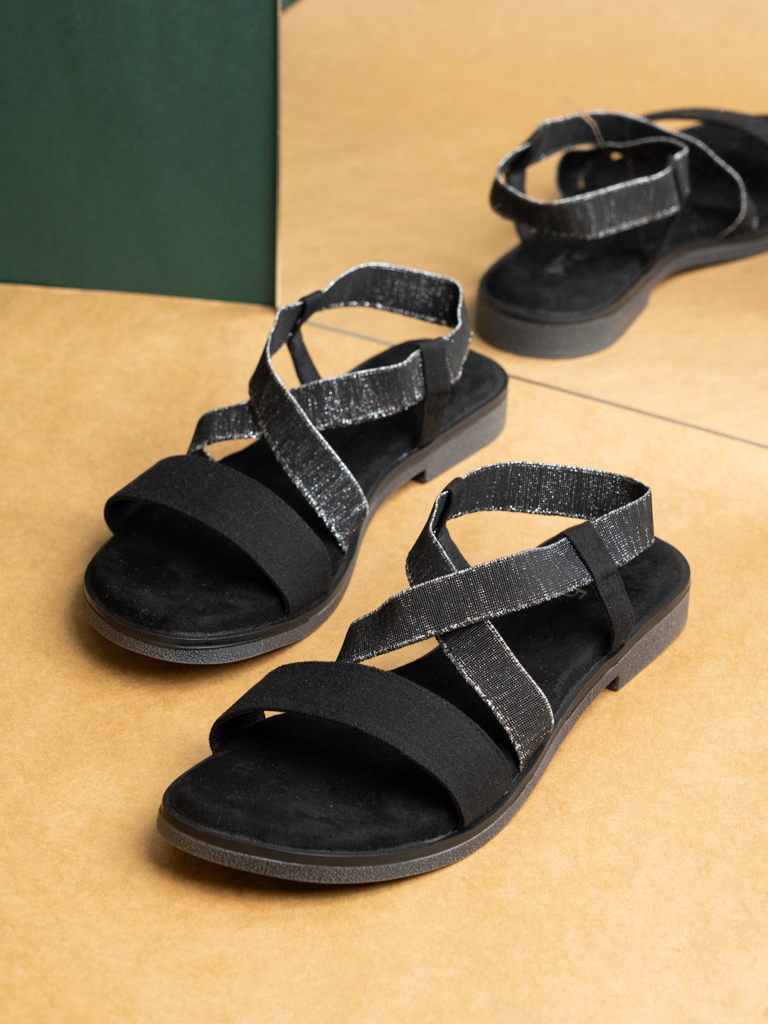 Womens Black Casual Striped Open Toe Flat Sandals