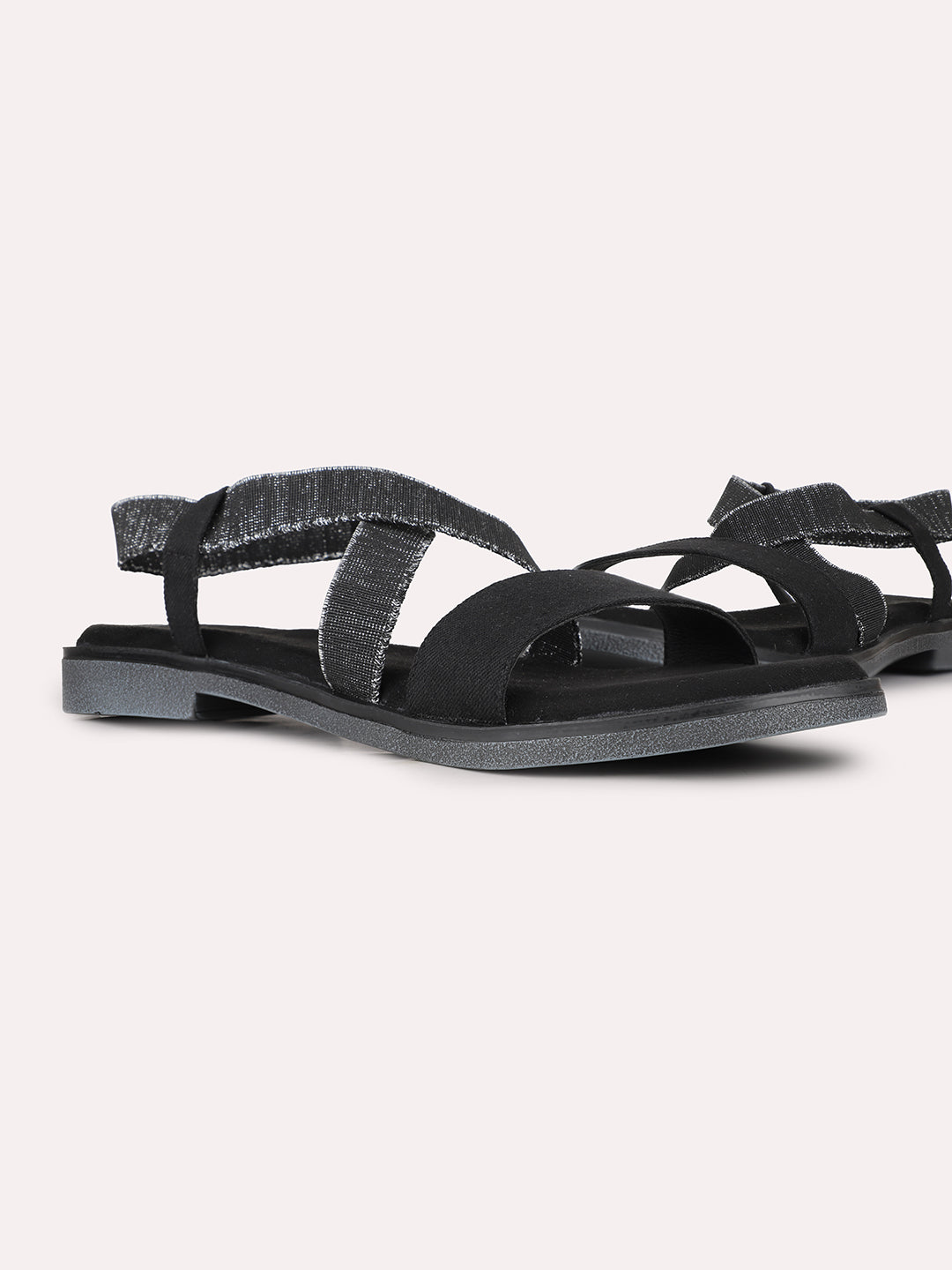 Womens Black Casual Striped Open Toe Flat Sandals