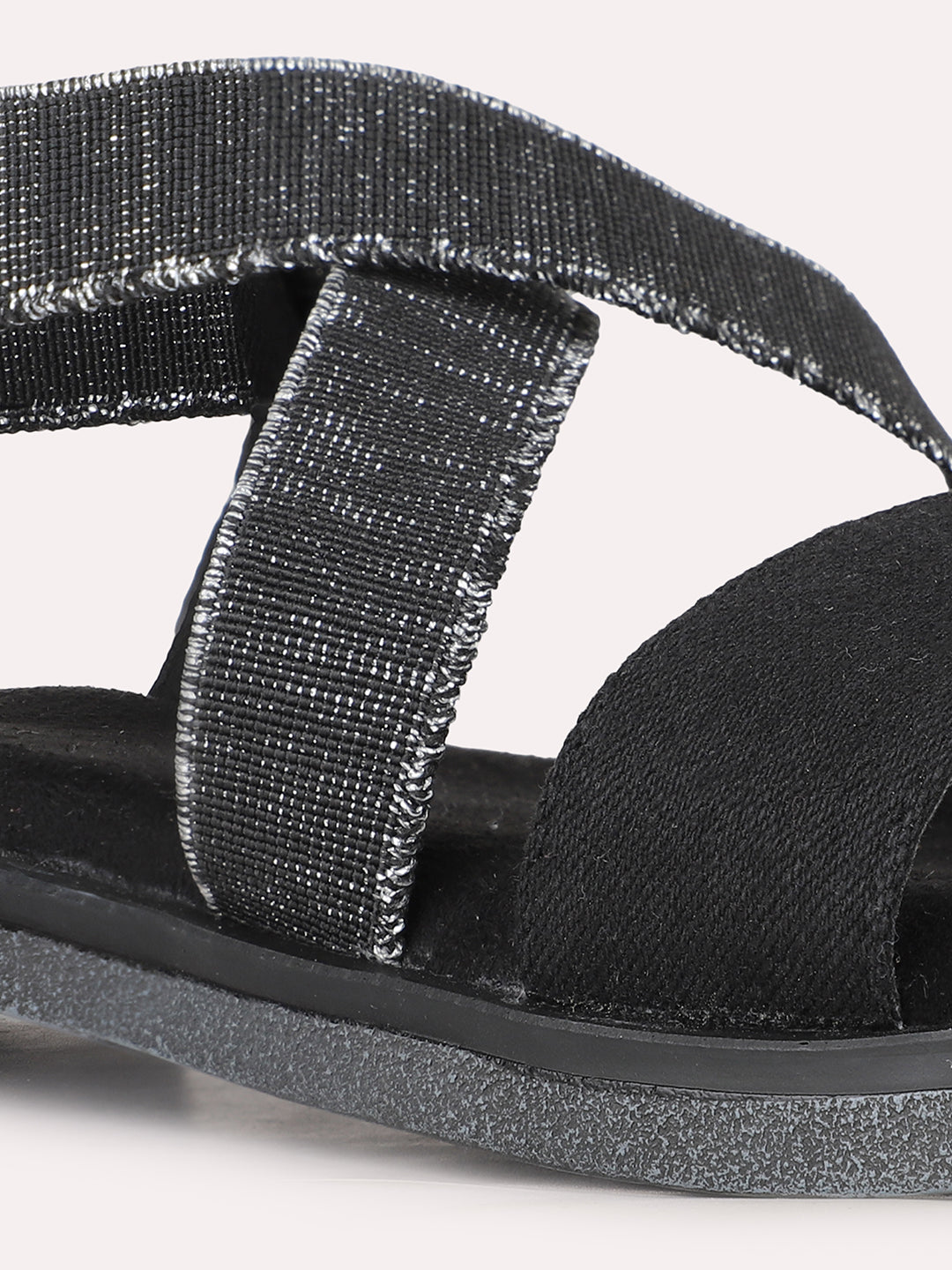 Womens Black Casual Striped Open Toe Flats