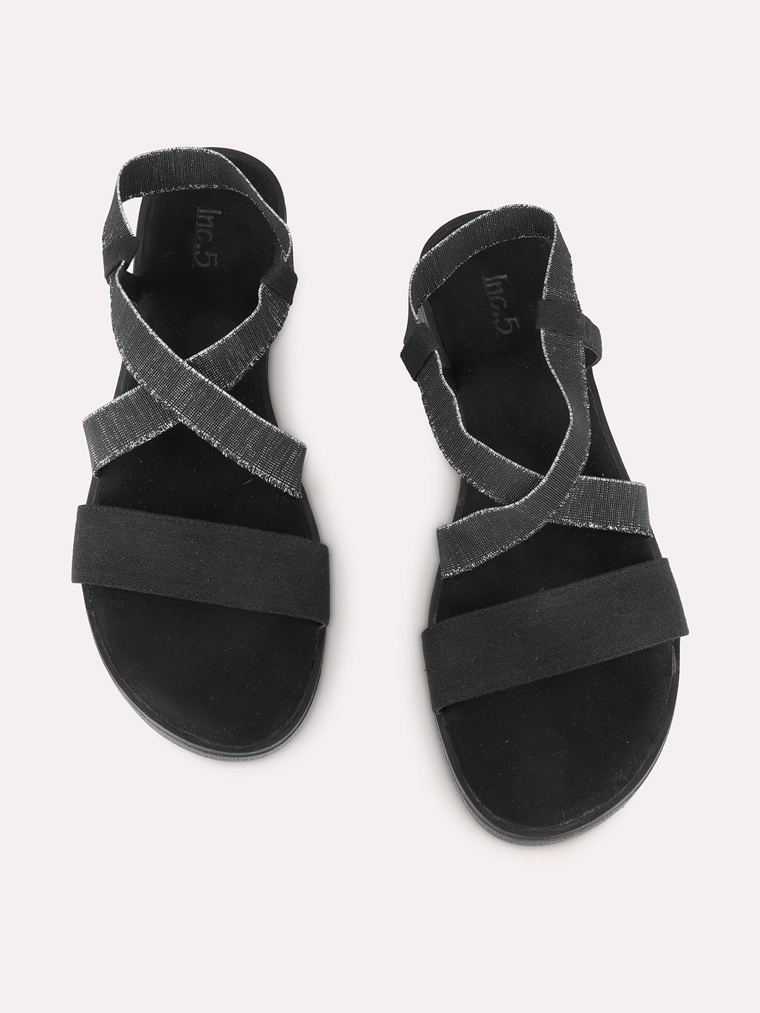 Womens Black Casual Striped Open Toe Flats